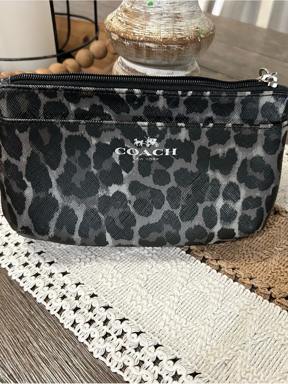 Coach Grey & Black Leopard Print Zip Pouch